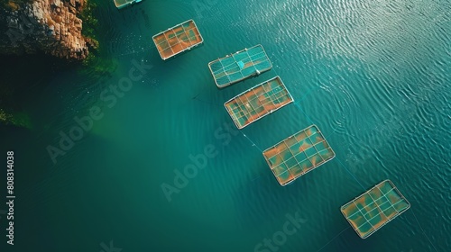 Salmon aquaculture blue water floating cages. Aerial view.