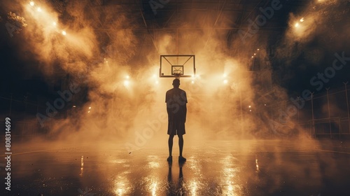 Wide-angle perspective of a basketball player positioned with their back to the basketball hoop, amidst impressive lighting and smoke effects on the court