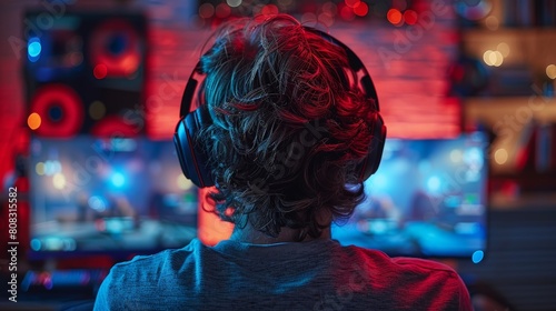 A professional gamer is playing tournaments online on a computer with headphones in red and blue.
