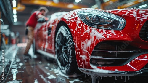 A red car's hood is protected from gravel chips and scratches by a transparent vinyl film.