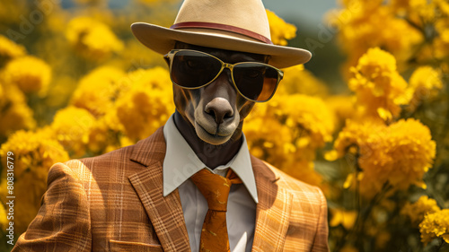 Visualize a debonair kangaroo in a tailored safari suit, accessorized with a pith helmet and binoculars.
