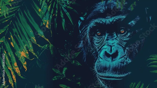 Dark blue and green image of a gorilla's face, with glowing blue eyes, and barely visible in the foliage of the jungle.
