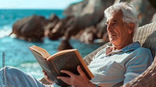 Hombre mayor leyendo un libro en la playa