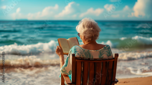 Mujer mayor leyendo un libro en la playa