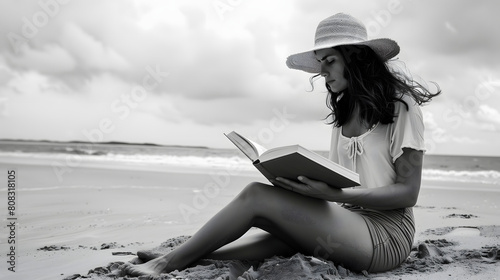 Mujer joven leyendo un libro en la playa