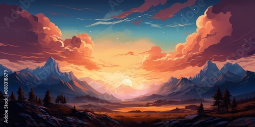 Vibrant sunset landscape with mountains and clouds