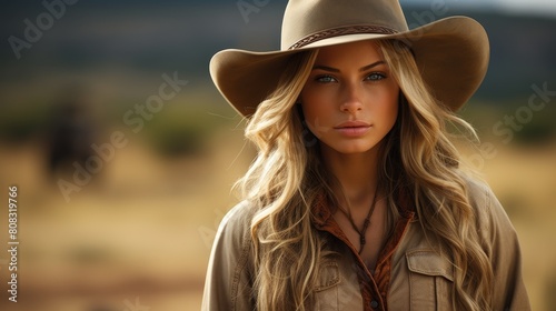 Blonde woman in cowgirl hat looking thoughtful
