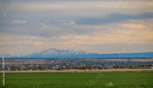 Colorado Living. Aurora, Colorado - Denver Metro Area Residential Panorama with the view of a Pikes Peak mountain in the distance