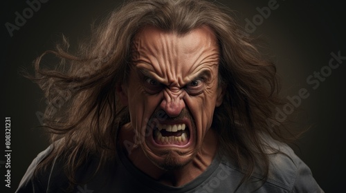 Angry and aggressive man with wild hair