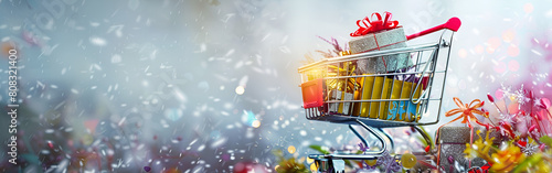 A beautiful Glowing shopping cart filled with colorful packages on a reflective surface with wight background 