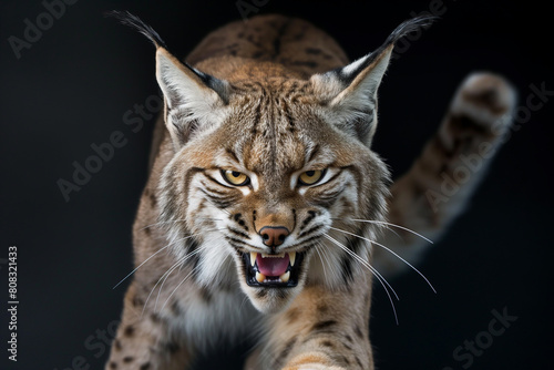 A wild and angry eurasian lynx on a black background
