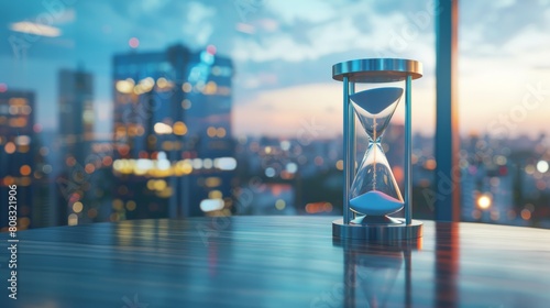 Close up hourglass on table with big city background, time and business concept, hyper realistic 