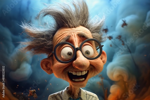 Funny cartoon character with wild hair and glasses