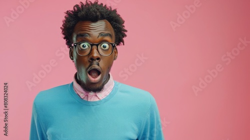 puzzled african american man in blue sweater in amazement on pink isolated background, confused and stunned man hyper realistic 