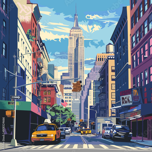 New York City street view with skyscrapers and buildings, vector illustration