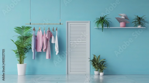 Clothes on a hanger, storage shelf in pastel blue background. Collection of clothes hanging on rack, plants and door concept. 3d rendering, concept for shopping store and bedroom,studio, lifestyle