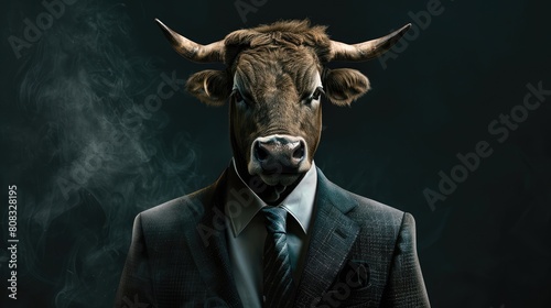 Bull wearing suit and tie standing in front of dark realistic