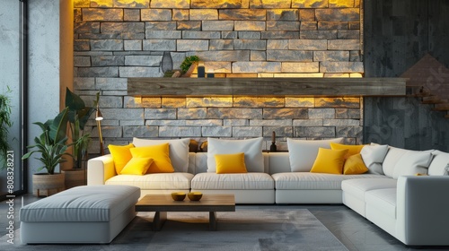Loft interior design of modern living room, home. White sofa with yellow pillows against grey and stone cladding wall with wooden shelf, fireplace. hyper realistic 