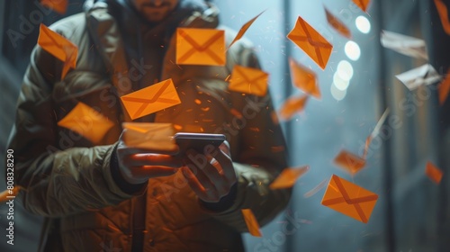 Man Typing text message on smartphone Orange envelopes as incoming and outgoing messages hyper realistic 