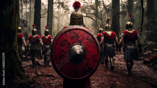 Spartan shieldbearer leads warriors through enchanted forest crimson lambda