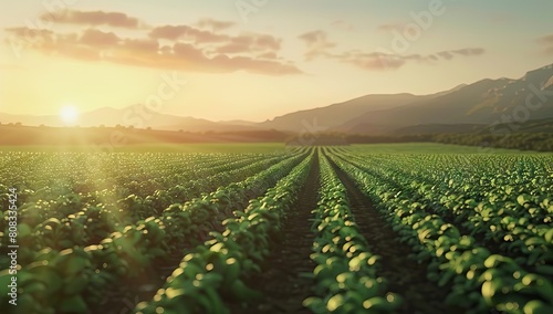 Young potatoes growing in the field are connected to drip irrigation. Agriculture landscape. Rural plantations. Farmland Farming. Selective focus. AI generated illustration