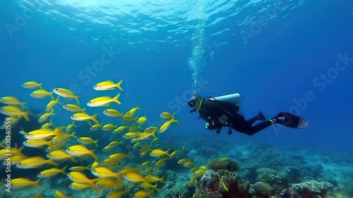 Vibrant Underwater Scene With Diver And Yellow Tail Fusilier Fish In Coral Reef