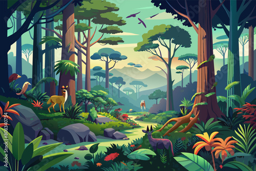 Colorful illustration of a dense forest with various animals including a bear, deer, and birds, surrounded by tall trees and lush vegetation.