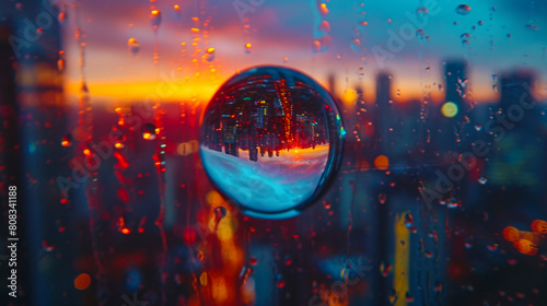 A close-up of a water droplet on a window pane refracts the world outside