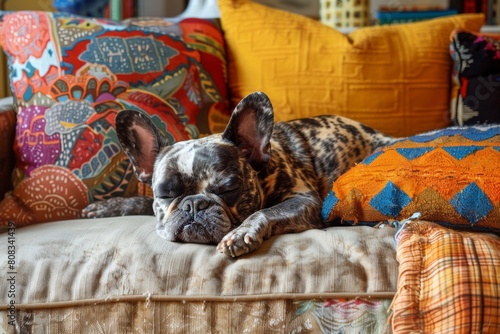 merle French bulldog puppy sleeping on a vibrant couch maximalist interior design