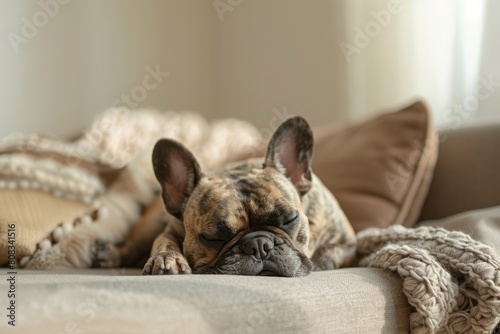 merle French bulldog sleeping on a beige couch at minimal Scandinavian interior apartment