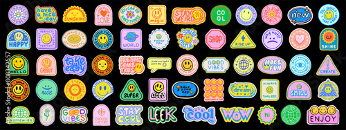Cute Hand Drawn Y2k Patches Set Vector Design. Collection Of Cool Smile Positive Stickers. Pop Art Labels.