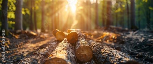 A well stacked pile of cut wood in the forest with copy space on blurred background, deforestation wood cutting concept, environmental issue, world environment day, panoramic banner,