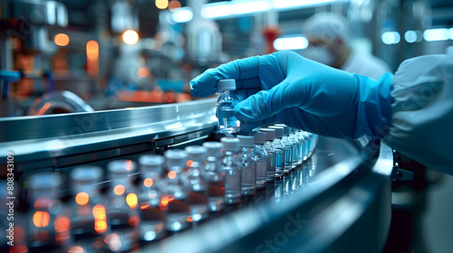 Pharmaceutical scientist wearing sterile gloves inspects medical vials on a production line conveyor belt in a drug manufacturing facility. Generated using AI technology.