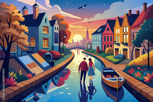 illustration of a couple walking hand in hand along a canal in a picturesque town during sunset, with traditional houses, a boat moored by the footpath, and a bridge in the background.