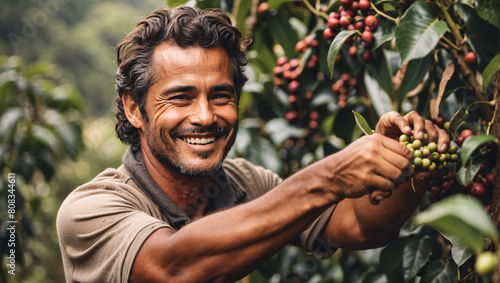 In Colombia's coffee plantation, beaming worker picks ripe cherries, surrounded by rich scent of beans. Their hands dance with precision, plucking Colombia's famed coffee. Portrait of smiling worker