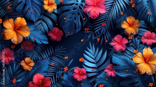 Beautiful tropical wallpaper with palm leaves juicy dark colorful
