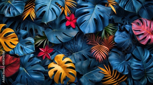 Beautiful tropical wallpaper with palm leaves juicy dark colorful