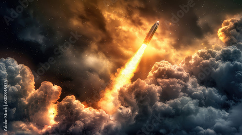 A rocket launches upwards into the cloudy sky, leaving a trail of smoke behind as it ascends towards space