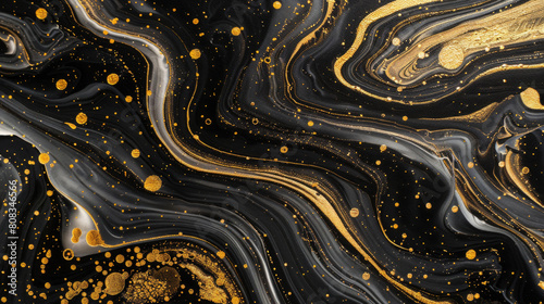 A close-up of a black marble with gold veins running through it, adorned with shiny gold dots