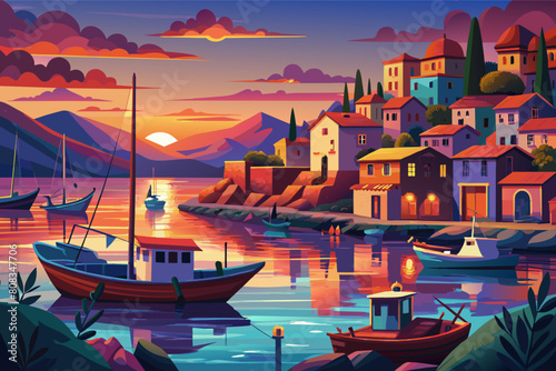 Colorful illustration of a quaint coastal village at sunset, featuring small houses with red roofs clustered on hillsides, a calm harbor with boats, and mountains in the background under a cloudy sky