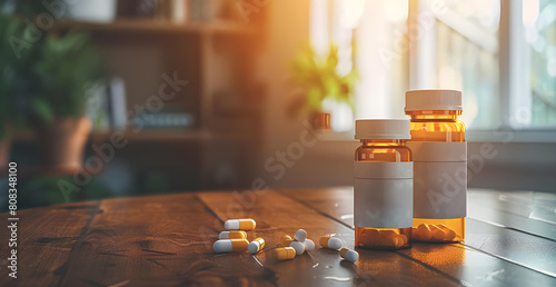 Two bottles of pills are on a wooden table