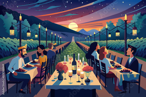 Illustration of people dining outdoors at sunset in a vineyard, with tables lined between rows of grapevines, decorative lamps, and a mountainous landscape in the background under a starry sky.