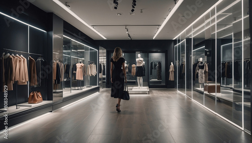 Beautiful slim woman in dress in stylish retail boutique with minimalistic display windows. High designer fashion and fashion shopping. Modern commercial space for fashion designer clothing boutique