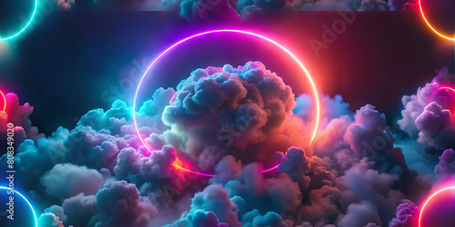 Neon ring cloud and rainbow colored clouds on mystic hue background