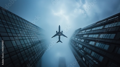 This dynamic perspective shows an airplane flying between urban skyscrapers, emphasizing the scale and height of the buildings