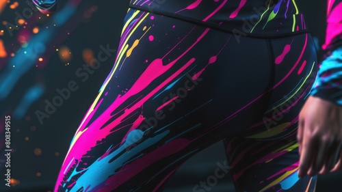 Energetic splashes of neon brushstrokes across black athletic leggings, with sharp, narrow strokes emphasizing speed and movement