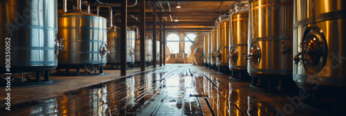 Industrial Brewery or Distillery Interior with Large Stainless Steel Tanks and Reflective Floor