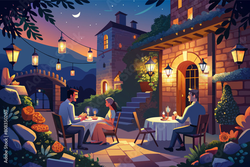 A picturesque evening scene at an outdoor restaurant with two couples dining by candlelight, surrounded by stone buildings, garden plants, and string lights, under a starry sky with a crescent moon.