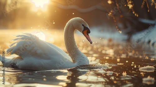 White swan in the wild. Beautiful extreme close-up. Ukraine.
