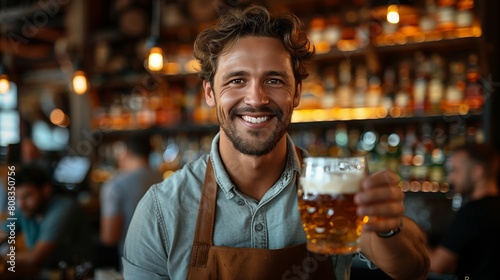 Craft beer and customer service. Smiling handsome barman in apron looks at camera and gives glass of light drink in interior of pub